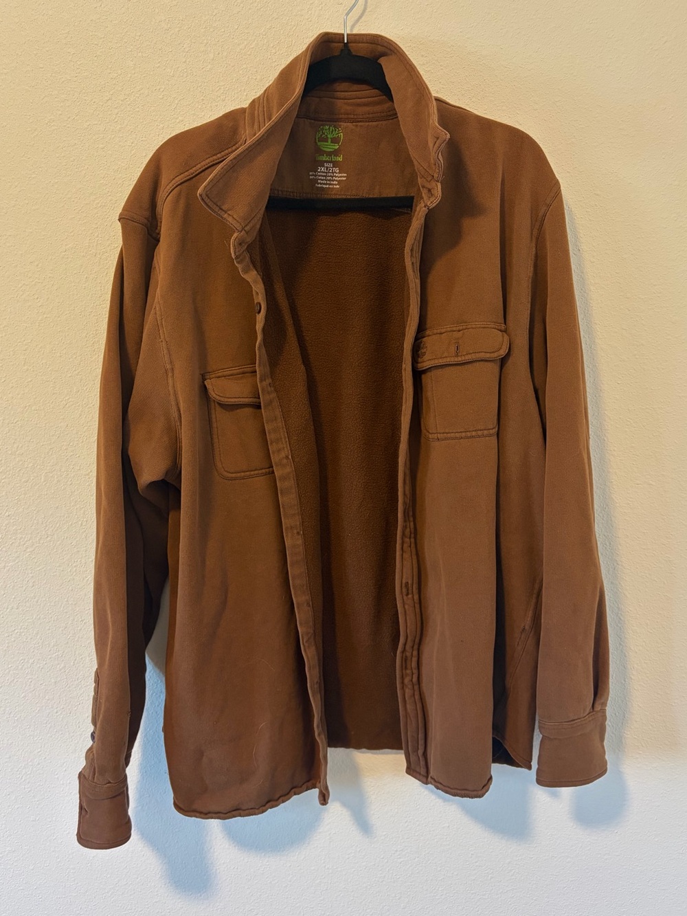 Timberland Mens 2XL Fleece Lined Shirt Jacket Brown Thrashed Workwear Shacket